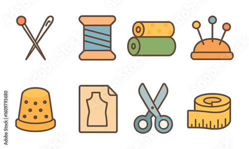 Sewing Tools Icons. Flat vector mini-illustrations Sewing and textile crafts in colors children's
