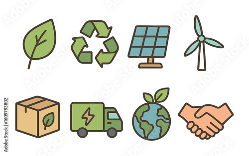Eco-Friendly Trade Icons. Flat vector mini-illustrations Eco-friendly commodity trading in colors children's