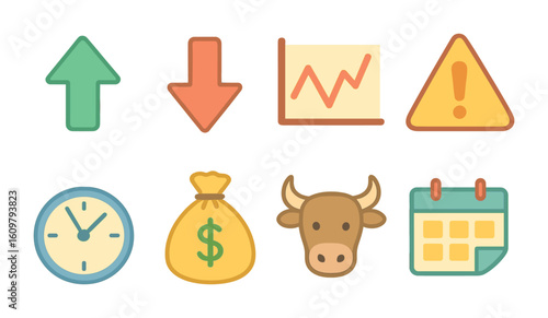 Market Icons for Kids. Flat vector mini-illustrations Market fluctuations in colors children's illustrations: