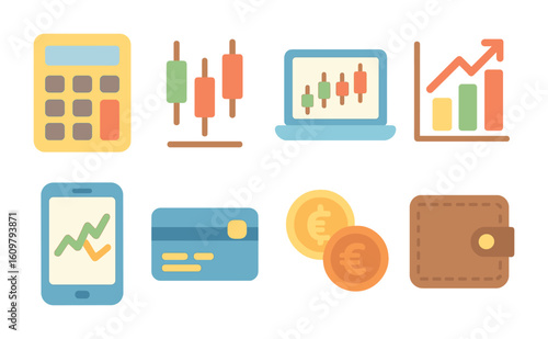 Child's Financial Tools. Flat vector mini-illustrations Financial trading tools in colors children's