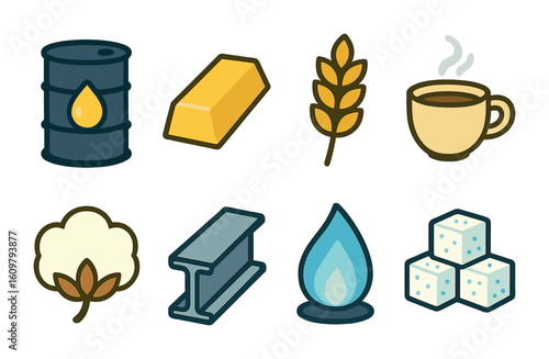 Colorful Commodity Icons. Flat vector mini-illustrations Commodity types in colors children's illustrations: