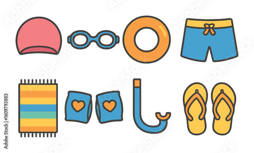 Children's Swim Essentials. Flat vector mini-illustrations Children swimming gear in colors children's