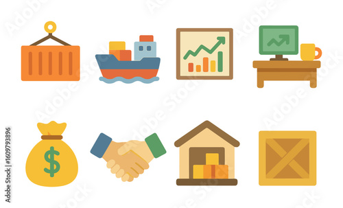 Children's Trading Icons. Flat vector mini-illustrations Commodity trading in colors children's illustrations: