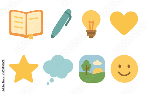 Children's Journaling Icons. Flat vector mini-illustrations Journaling prompts for calmness in colors children