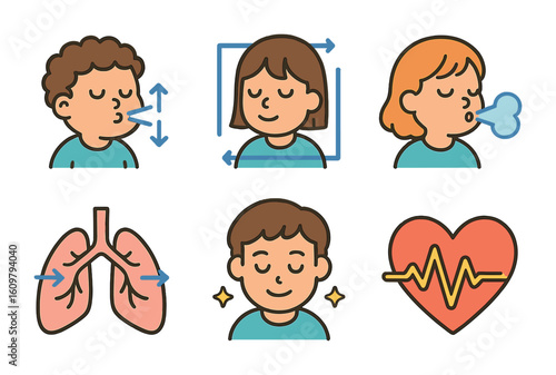 Kids' Breathing Techniques. Flat vector mini-illustrations Calming breathing techniques in colors children's