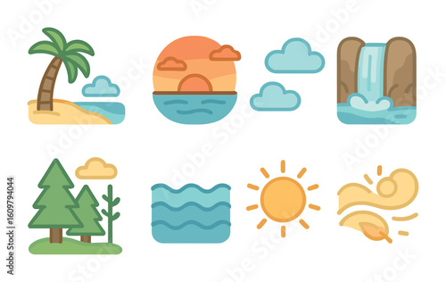 Tranquil Nature Icons. Flat vector mini-illustrations Guided relaxation imagery in colors children's