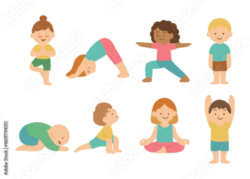 Yoga Poses for Kids. Flat vector mini-illustrations Yoga poses for beginners in colors children's