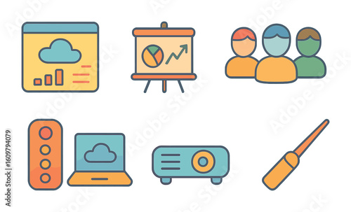 Cloud Presentation Tools. Flat vector mini-illustrations Cloud-based presentation tools in colors children's