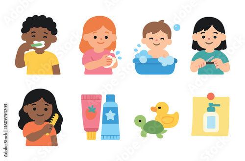 Global Children's Hygiene Icons. Flat vector mini-illustrations Hygiene habits for children globally in colors