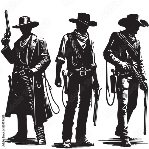 
Silhouette of a Cowboy on Horseback at Sunset

Western Cowboy Silhouette Against Dramatic Sky

Cowboy Riding Horse – Vintage Wild West Silhouette

Lone Cowboy Silhouette with Hat and Lasso

