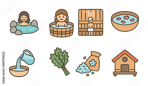 Cleansing Ritual Icons. Flat vector mini-illustrations Ritual baths and cleansing traditions in colors