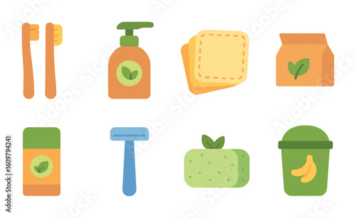 Eco-Friendly Hygiene Icons. Flat vector mini-illustrations Eco-friendly hygiene products in colors children's