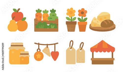Colorful Market Display. Flat vector mini-illustrations Farmers market produce displays in colors children's
