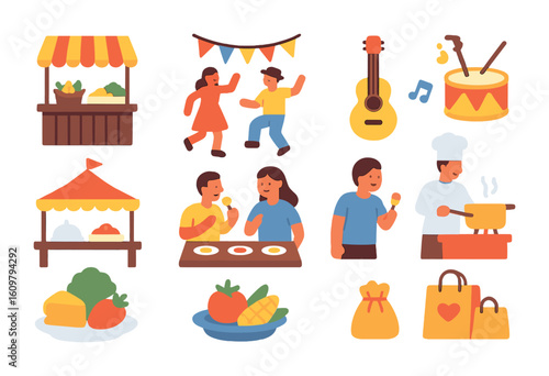 Local Food Festival Fun. Flat vector mini-illustrations Local food festivals and celebrations in colors