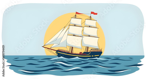 Ship with sails, Maritime travel, Horizon view, Sailing adventure, Sailboat on sea, Blue ocean, Wind in sails, Seafarer ship, Historical ship, Ship at sunset, Calm sea, Nautical illustration, Ocean br
