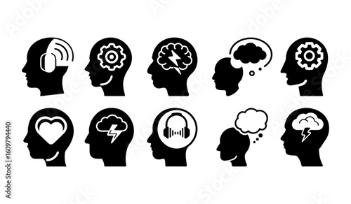 Mental states and abstract human thoughts. Set of heads with symbols inside: music, gears, heart, storm clouds, reflecting various thoughts and emotions.