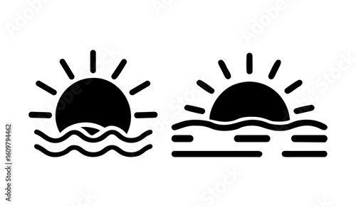 Sunrise and sunset minimal icons. Two sun rising over horizon icons symbolizing a new day, hope, and calm nature scenes.