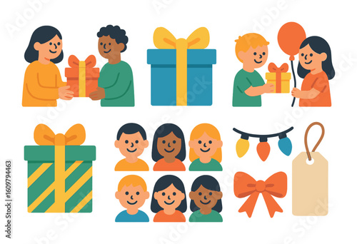 Festive Gift Exchange. Flat vector mini-illustrations Festive gift exchanges in colors children's
