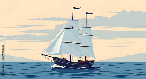 Vintage sailing ship, Ocean waves, Ship with sails, Maritime travel, Horizon view, Sailing adventure, Sailboat on sea, Blue ocean, Wind in sails, Seafarer ship, Historical ship, Ship at sunset, Calm s