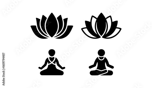 Lotus flower icons with meditation poses. Two lotus flowers and two sitting yoga poses symbolizing inner peace, balance, and meditation.