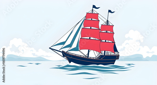 Wooden ship, Vintage sailing ship, Ocean waves, Ship with sails, Maritime travel, Horizon view, Sailing adventure, Sailboat on sea, Blue ocean, Wind in sails, Seafarer ship, Historical ship, Ship at s