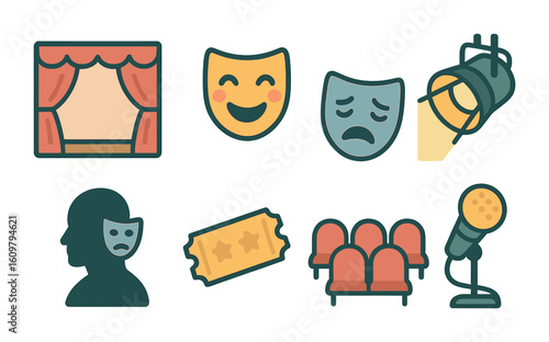 Theater Icon Set. Flat vector mini-illustrations a live theater performance with actors wearing masks in