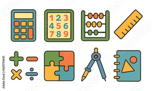Children's Math Icons. Flat vector mini-illustrations math learning platforms in colors children's