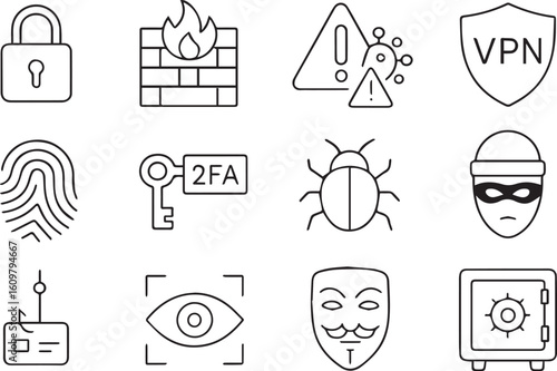 Cybersecurity and Privacy Line Icons – Lock, Firewall, Mask, VPN, Phishing, Vault, Bug, Shield – Tech Security Vector Set