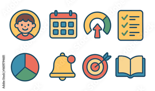Student Dashboard Icons. Flat vector mini-illustrations student dashboards in colors children's illustrations: