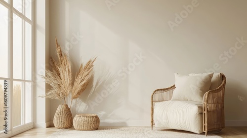 Minimalist beige living room interior with rattan armchair, pampas grass in wicker basket, and soft natural light, perfect for interior design websites and lifestyle branding