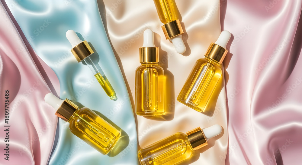 Golden cosmetic oil in dropper bottles on a luxurious pastel silk fabric. Skincare and beauty product concept flat lay. Golden cosmetic oil in dropper bottles on a luxurious pastel silk fabric. Skincare and beauty product concept flat lay.