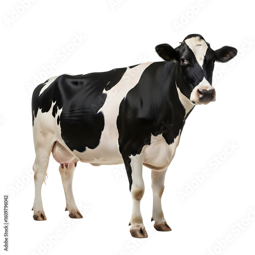 Holstein cow stands majestically on black