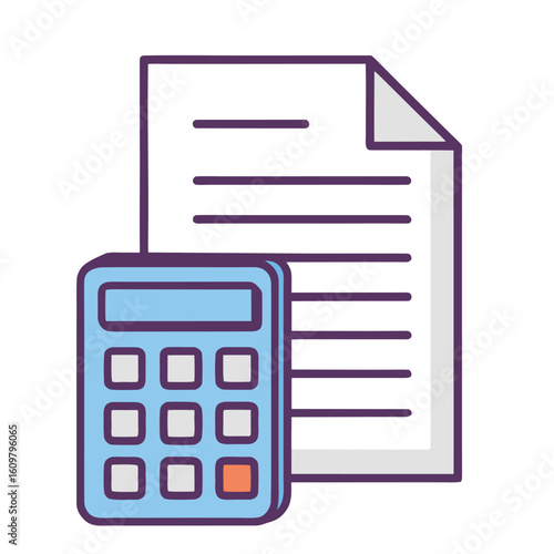 Blue calculator and document with purple outline paper calculation