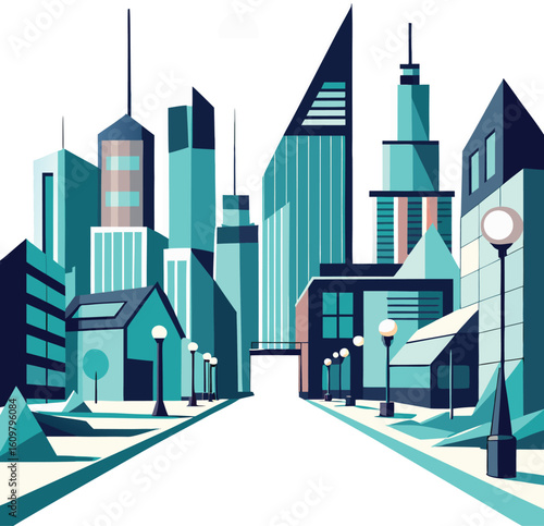 Stylized geometric cityscape with teal and navy blue skyscrapers and streetlights urban skyline