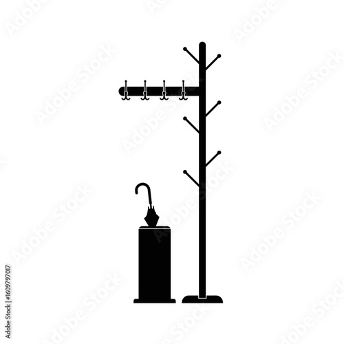 Coat rack with hooks and umbrella stand in minimalist style  