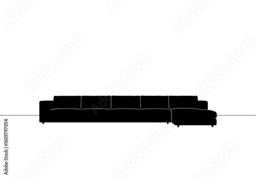 Modern black sectional sofa in minimalist style on transparent background  