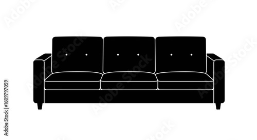 Modern black sofa with three seats and buttons on transparent background  