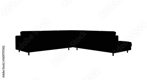 Modern sectional sofa silhouette in black against transparent background  