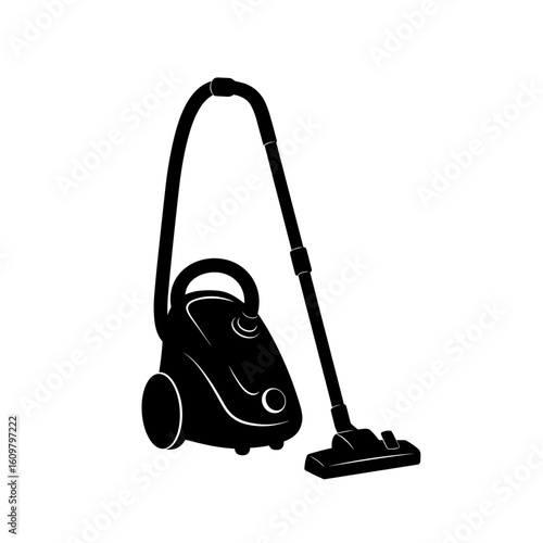 Black vacuum cleaner in minimal design with hose and nozzle  