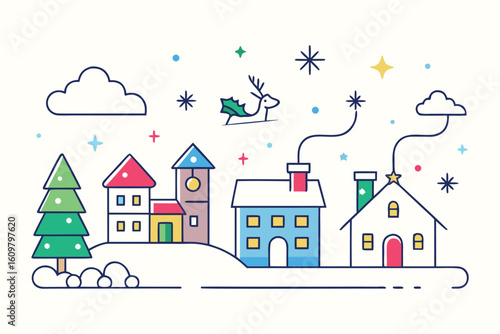 Colorful line art vector of Santa and reindeer flying over a village