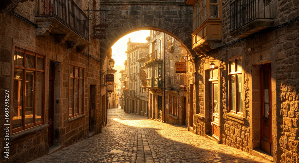 Fototapeta premium Old Town Street with Stone Archway.