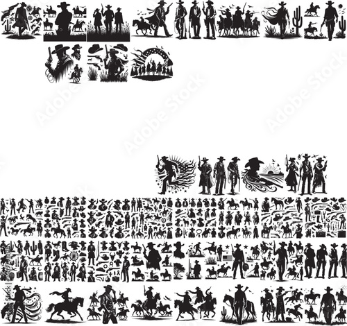 
Silhouette of a Cowboy on Horseback at Sunset

Western Cowboy Silhouette Against Dramatic Sky

Cowboy Riding Horse – Vintage Wild West Silhouette

Lone Cowboy Silhouette with Hat and Lasso

