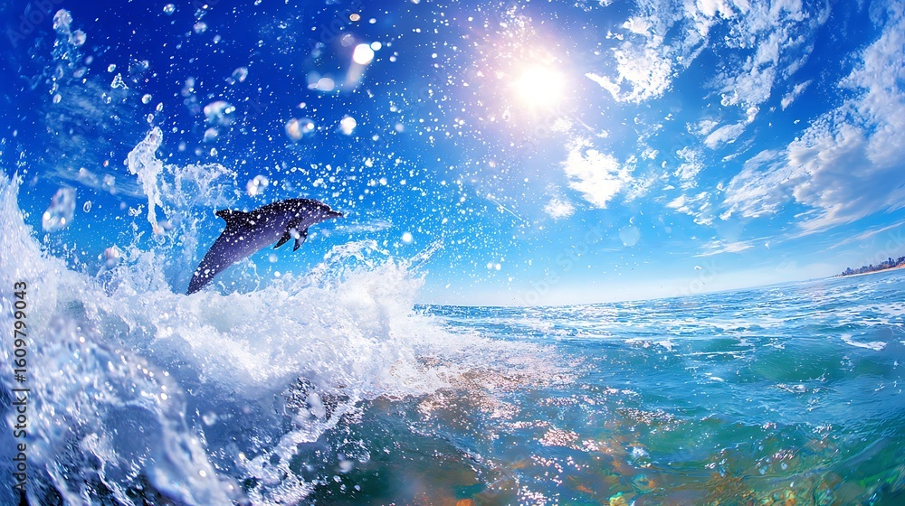 Obraz premium A dolphin leaping out of crystal-clear ocean waves