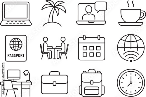 Remote Work and Digital Nomad Line Icons – Laptop, Coffee, WiFi, Coworking, Passport, Home Office – Vector Outline Set