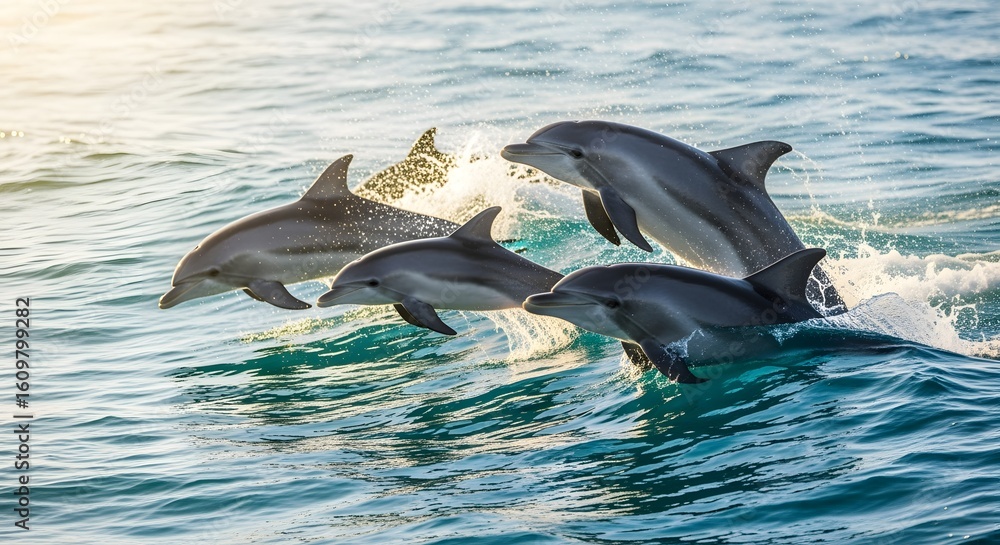 Fototapeta premium A pod of dolphins leaping out of the water with sunlight reflecting on the ocean surface in the background