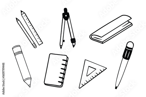 Collection of hand drawn drafting and drawing tools including rulers pencils compass and triangle