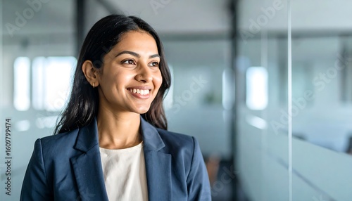 Smiling businesswoman looking ahead in office