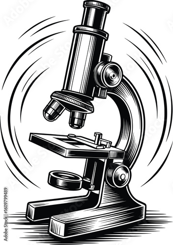 Vintage Microscope Scientific Instrument Line Art Illustration.