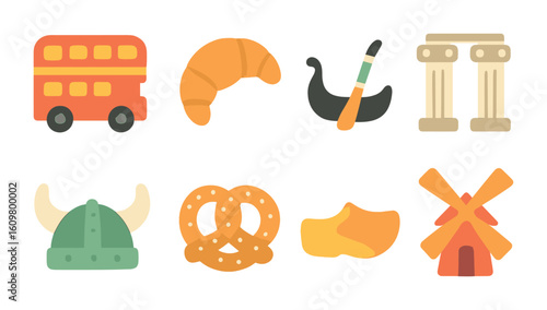 European Cultural Icons. Flat vector mini-illustrations cultural icons of Europe in colors children's