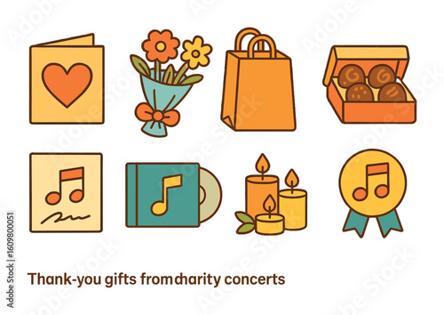 Charity Concert Gifts. Flat vector mini-illustrations thank-you gifts from charity concerts in colors children